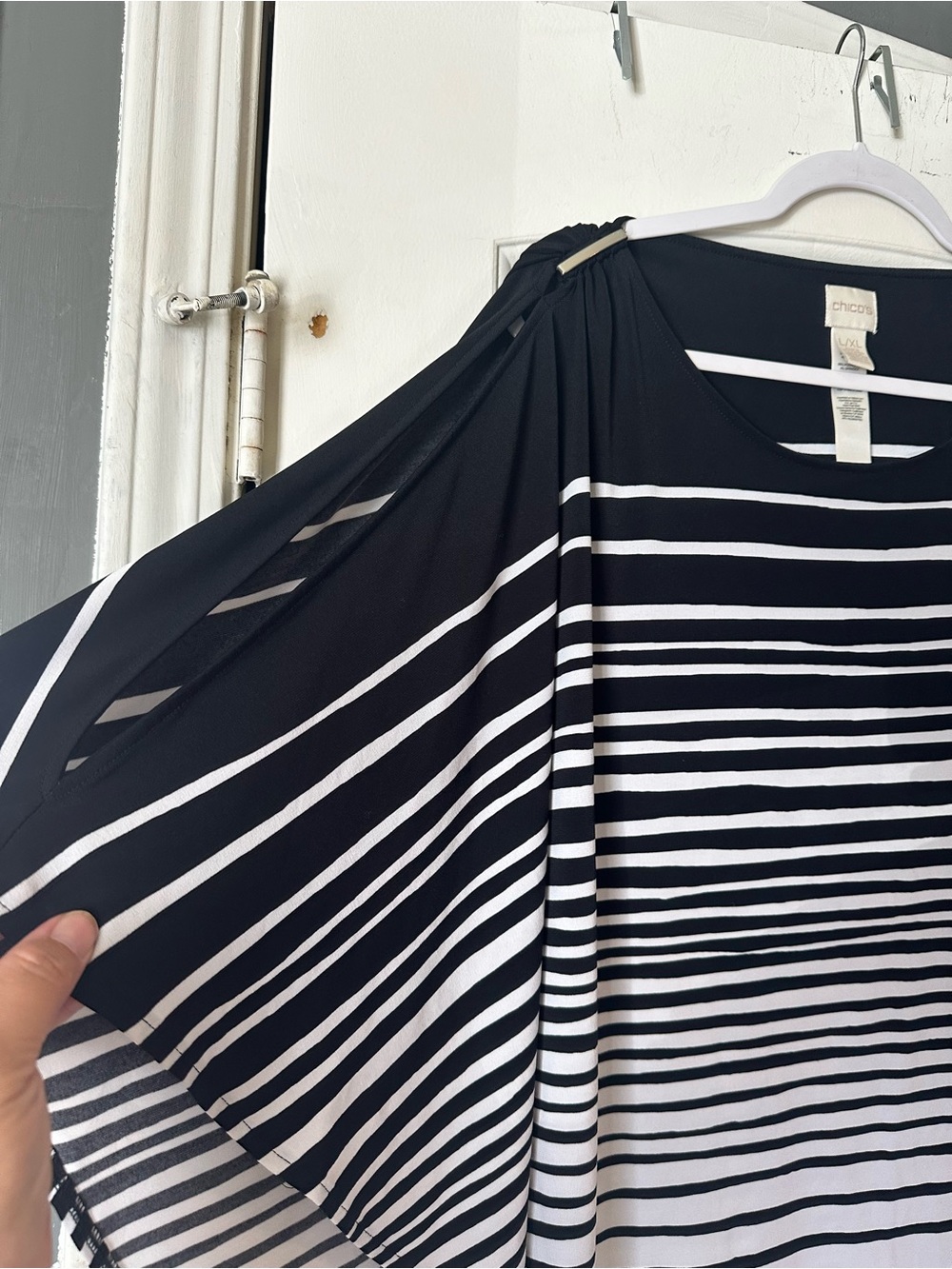 Chico's Black & White Striped Cold Shoulder Poncho Top - Picture 2 of 5